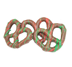 Milk Chocolate Covered Pretzels with Red, and Green String